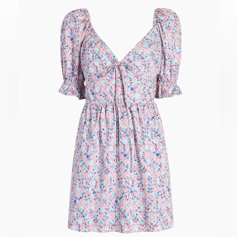 Hill House Pink Floral Mini Ophelia Dress with Blue Accents